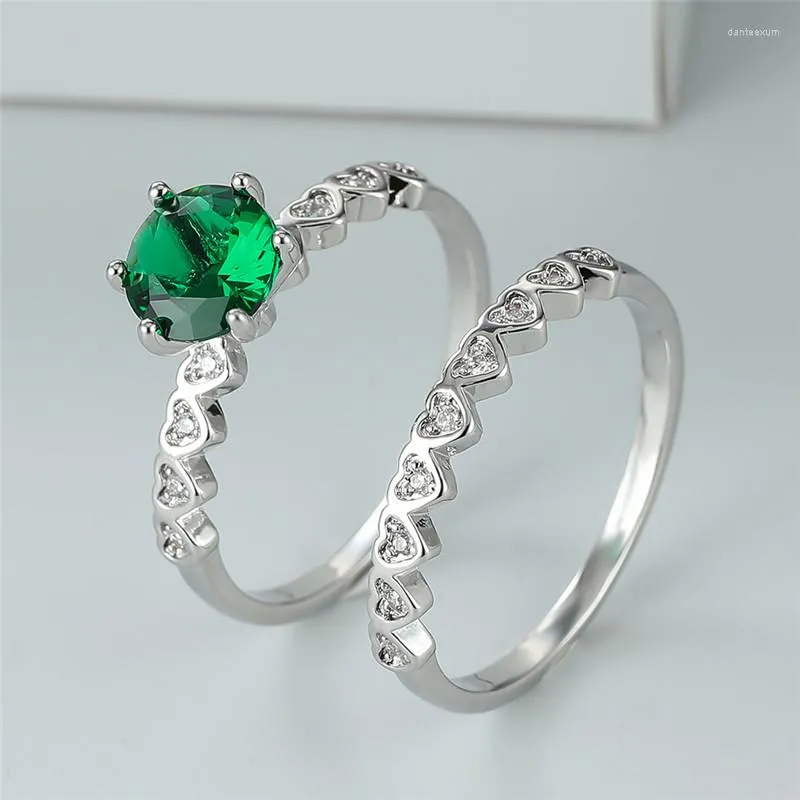 Fedi nuziali Cristallo verde Pietra rotonda Fidanzamento Doppio anello color argento alla moda Zircone bianco Cuore d'amore Set per donna Set sposa