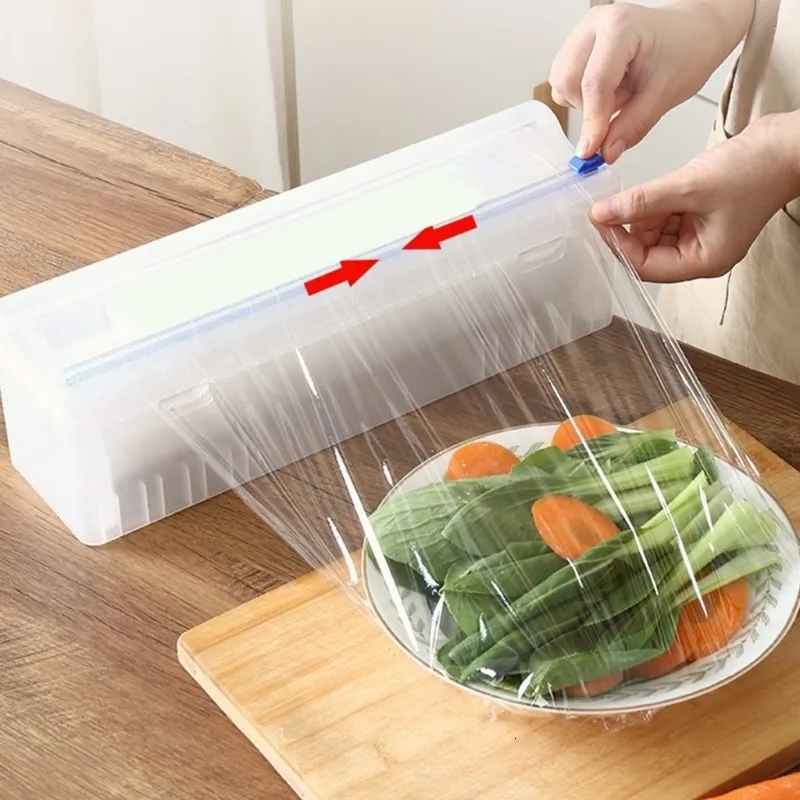 Distributeur de film étirable et coupe-papier en plastique rechargeable  avec curseur pour emballage alimentaire Transparent