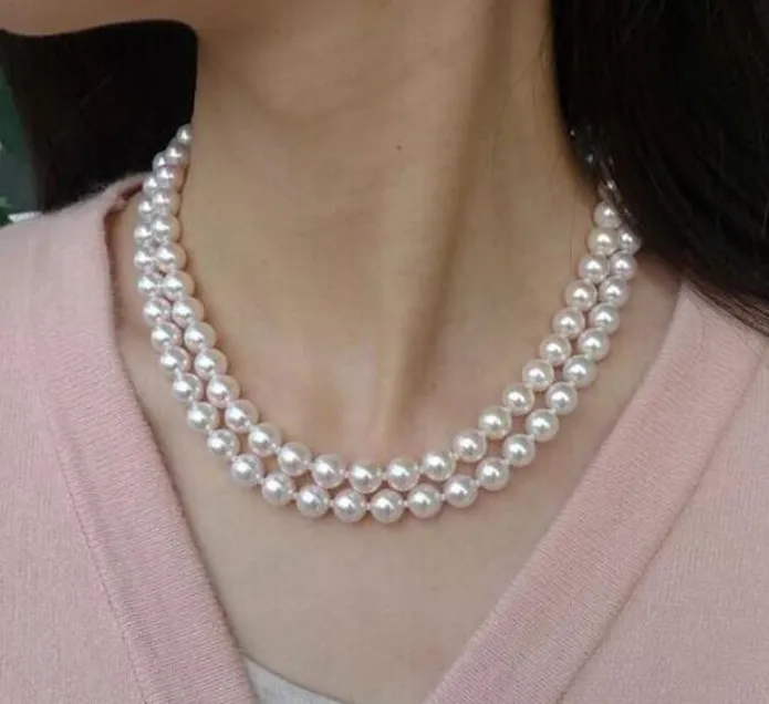 Elegant Double Strand Pearl Necklace: 8-9mm Natural White Pearls, 18/19  Inch Length, 14k Gold Clasp Classic Pearl Jewelry
