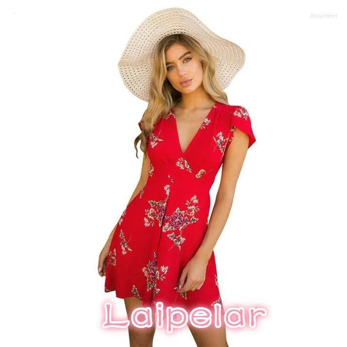 Party Dresses Women Summer Dress V-Neck Cape Short Sleeve Casual Mini Boho Beach Vinatge Floral Print Sundress Laipelar