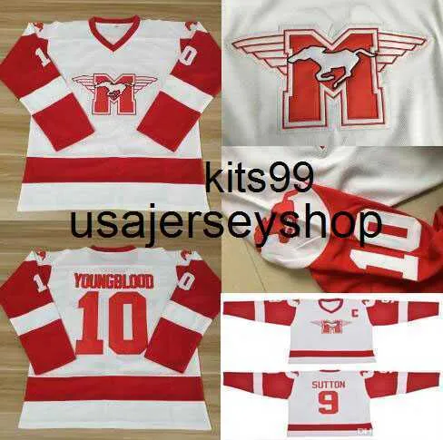 Maglia da hockey 10 Dean Youngblood Hamilton Mustangs Maglie 9 SUTTON Moive White Red All Stiched Uniformi da uomo