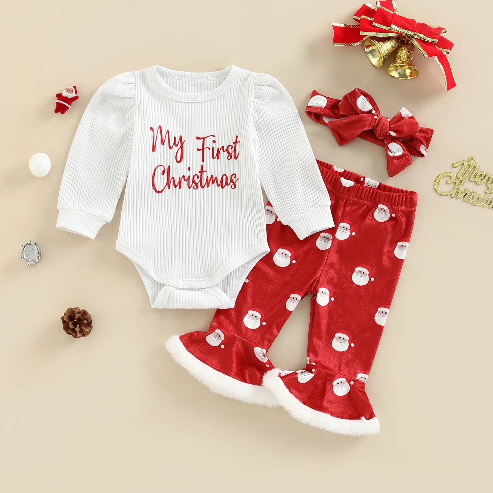 Kläderuppsättningar Citgeett Autumn Christmas Spädbarn Baby Girls Pants Set Long Sleeve Letters Print Romper Santa Flare Bowknot 221205