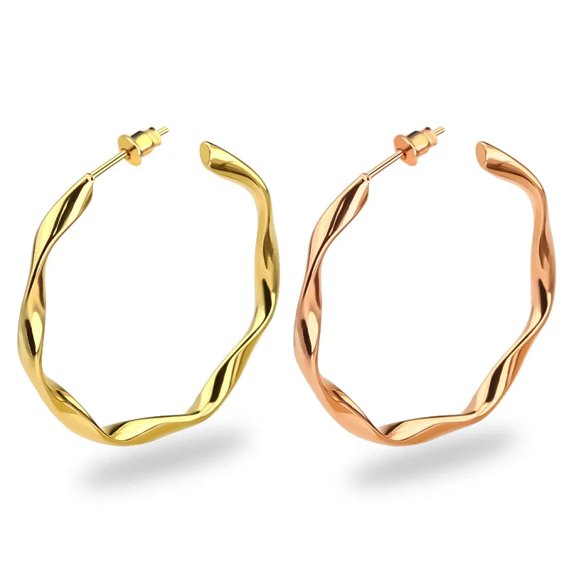 Stainless Steel Twisted Asymmetrical Circle Hoop Earrings Rose Gold Stud Huggie Ear Rings for Women Fashion Fine Jewelry