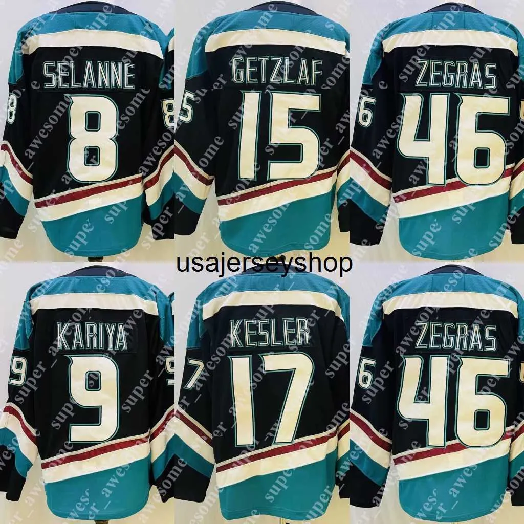 Hockeyshirt 46 Trevor Zegras 15 Ryan Getzlaf 17 Kesler 8 Teemu Selanne 9 Paul Kariya 96 Charlie Conway s Zwart Oranje Paars