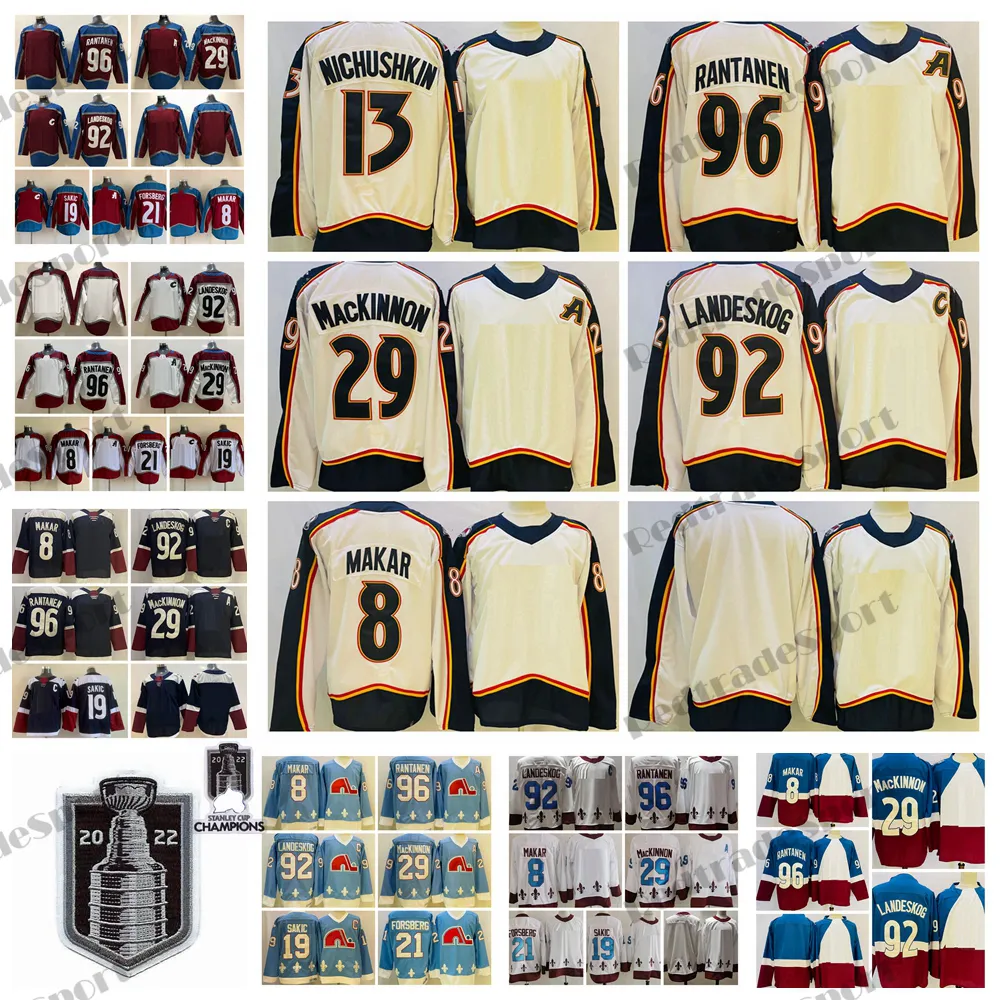 Campioni della Stanley Cup 2022 29 Maglie da hockey Nathan MacKinnon 92 Gabriel Landeskog Mikko Rantanen 8 Cale Makar Joe Sakic Peter Forsberg Reverse Retro 13 Nichushkin