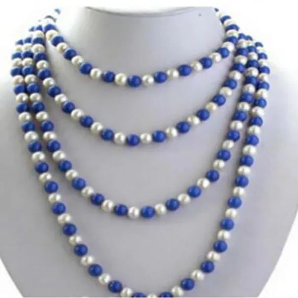 Beau collier de perle d'eau douce blanc 80 "Blue Lapis Lazuli