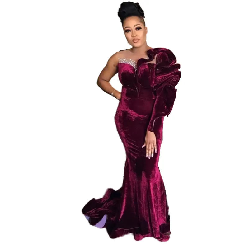 Velvet Mermaid burgundy Velvet bridesmaid dresses with Ruffles, Beaded Long Sleeves, and Sweep Train - Elegant Wedding Party Gown for Black Girls,