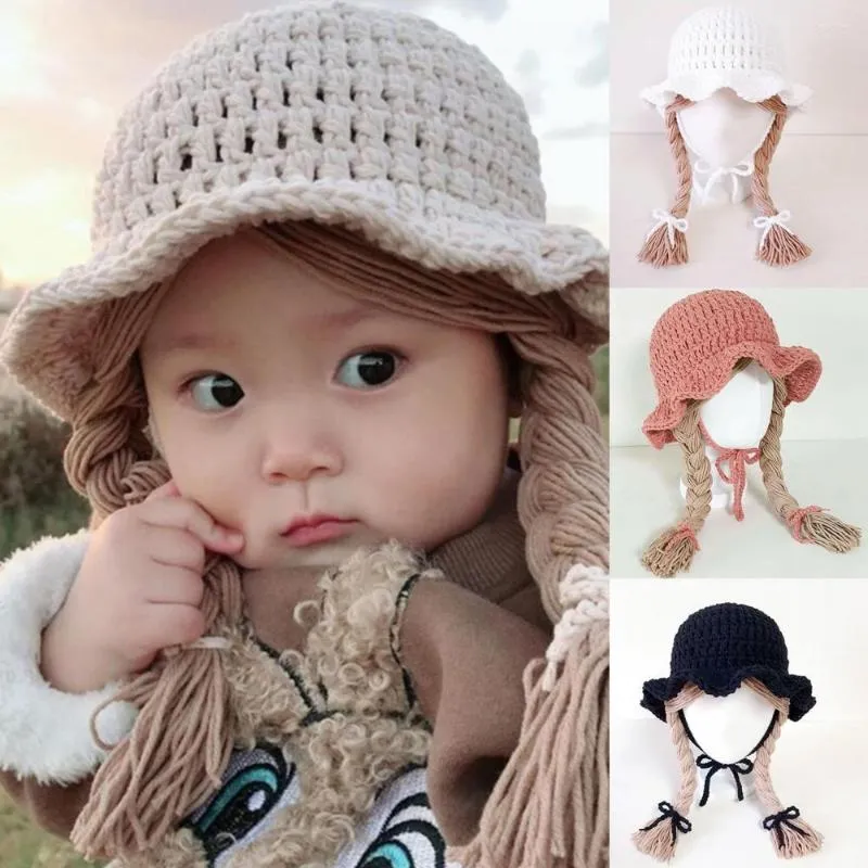 Chapeaux à la mode pour bébés filles, perruque tressée, sangle de menton, casquettes tricotées, chapeau seau, accessoire Po