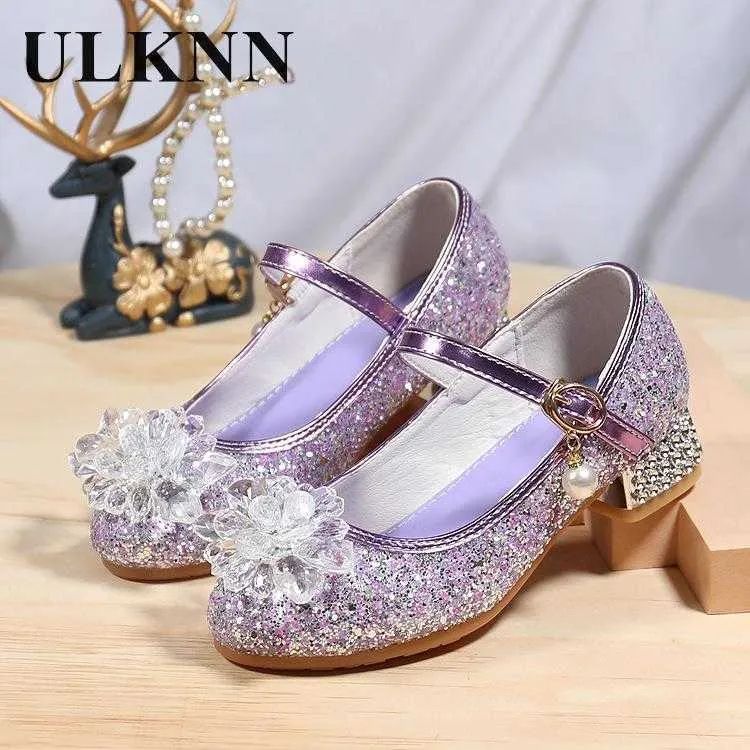 Girls Purple Princess High Heel Shoes Crystal Dress Party Shoes PU Leather Kids 2024