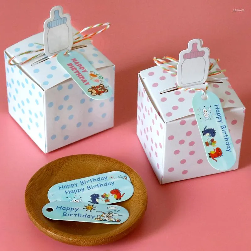 غلاف هدية 10 مواقع لطيف زجاجة زجاجة الورق حلوى Bule Pink Dot Party لصالح الأطفال زخرفة عيد ميلاد الأطفال مع العلامة