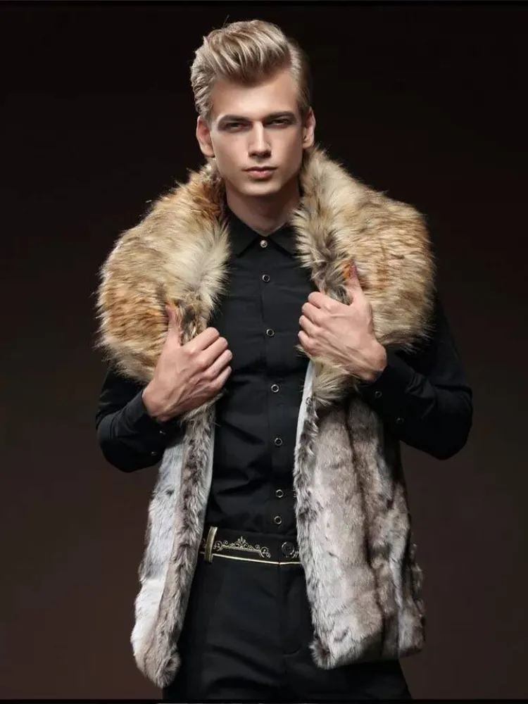 Hommes fausse fourrure gilet Slim Fit revers grand col gilet court hommes veste en cuir marron hiver chaud manteau 221206