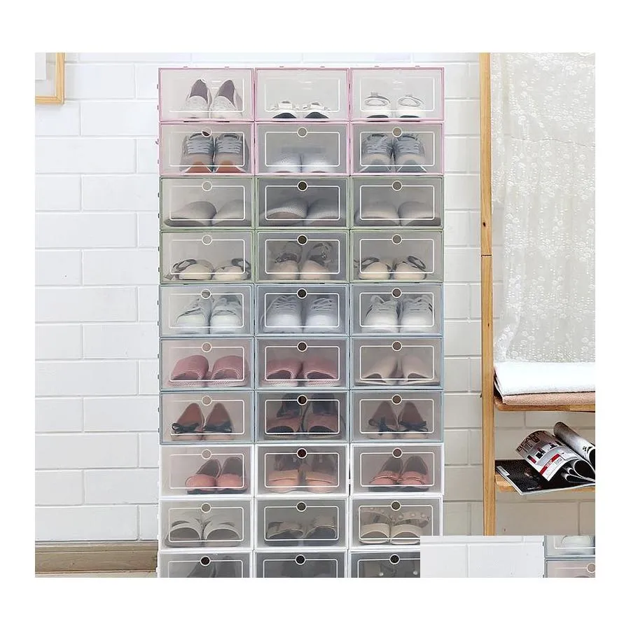 Storage Boxes Bins Pp Clear Mticolor Shoe Boxes Foldable Storage Transparent Organizer Stackable Display Superimposed Combination Dh0F1