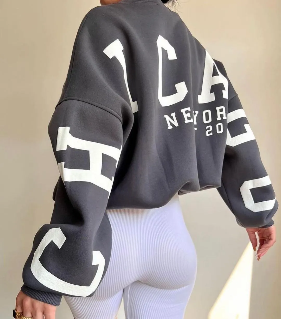 Women Pullover short Fashion Long Sleeve Hoodies autumn tops Sweatshirts Casual Letters Print Women Loose Y2k Streetwear Autumn Winter Lady Pullovers gray