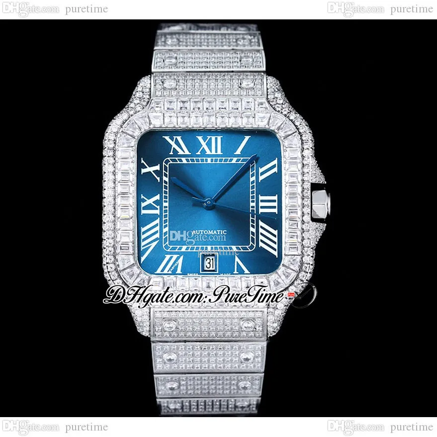 Zyf M8215 Paved Diamonds Automatyczne męskie zegarek XL 40 mm Miyota Blue Dial Black Roman w pełni lodowany Diamentowy Case i bransoletka Super Edition Pureteme C3