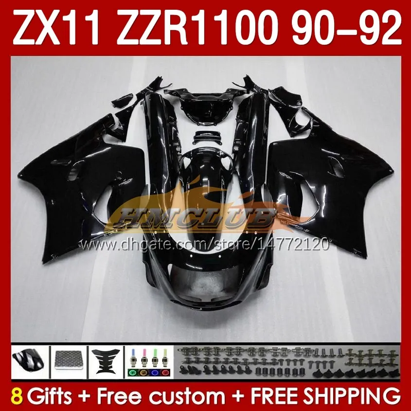 Fairings Kit f￶r Kawasaki Ninja ZX 11 R 11R ZX-11 R ZZR1100 ZZR 1100 CC Body 164No.22 Glossy Black ZX11 R 90-92 ZX-11R ZZR-1100 ZX11R 90 91 92 1990 1991 1992 ABS FULL FAIRING