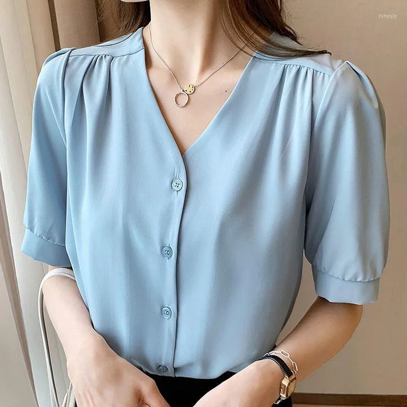 Women's Blouses Woman Summer Style Tops Lady Casual Short Lantern Sleeve V-Neck Solid Color Blusas ZZ1507