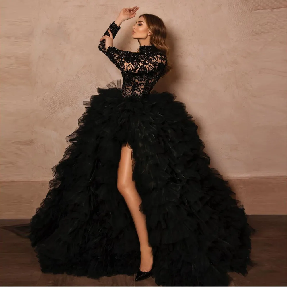 Prom Dress Ruffle Pleas Side Slit Black High Neck Pageant Robe pour OCNS spécial Per perle Top Vestido de Novia Gala 326