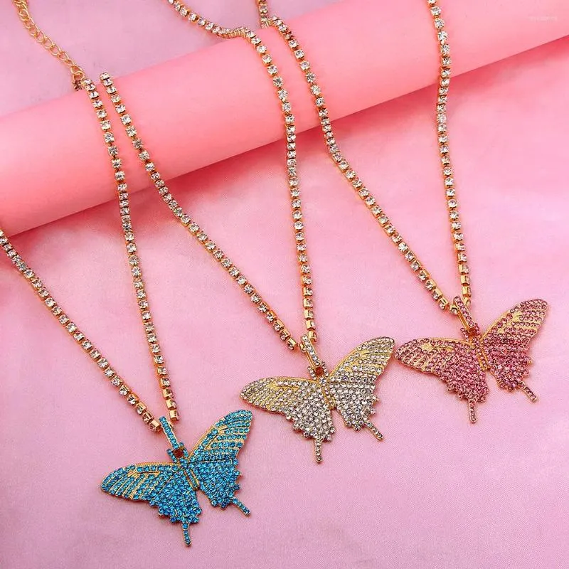 Chains JUST FEEL Iced Out Crystal Big Butterfly Pendant Necklace For Women Bling Rhinestone Tennis Chain Punk Hip Hop Jewelry