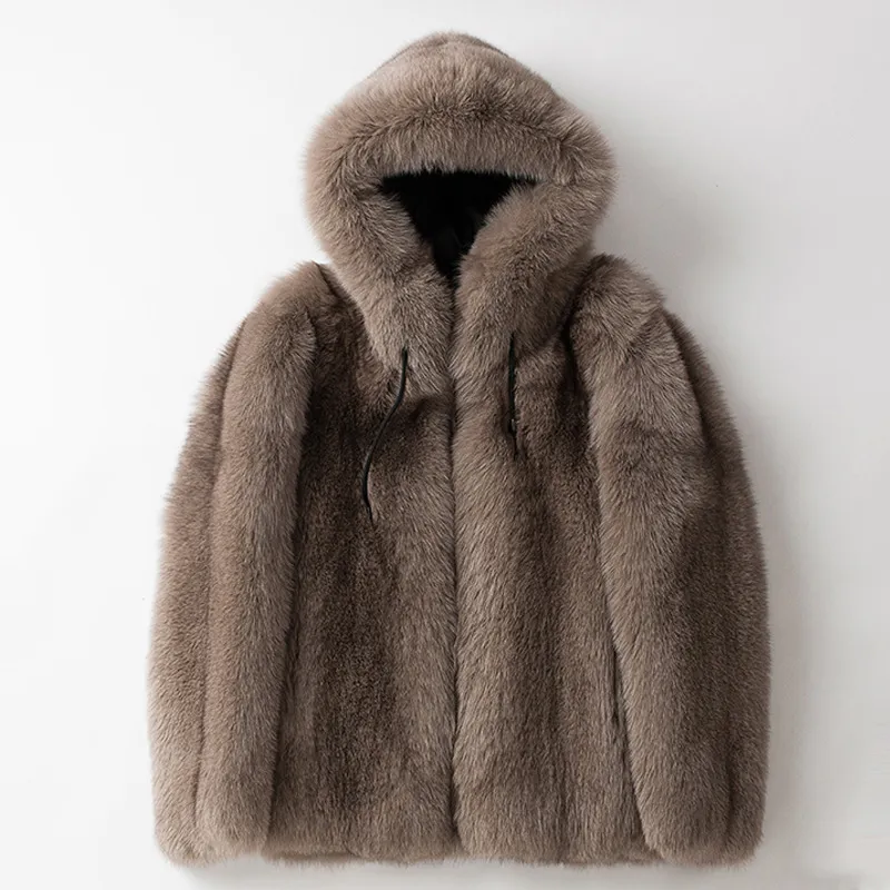 Fox Fur Coat Mens kapüşonlu ceket kalın butik şık erkek ince katlar boyutu S-5XL Sonbahar Kış Ceketleri Adam Giyim Rüzgar Geçidi