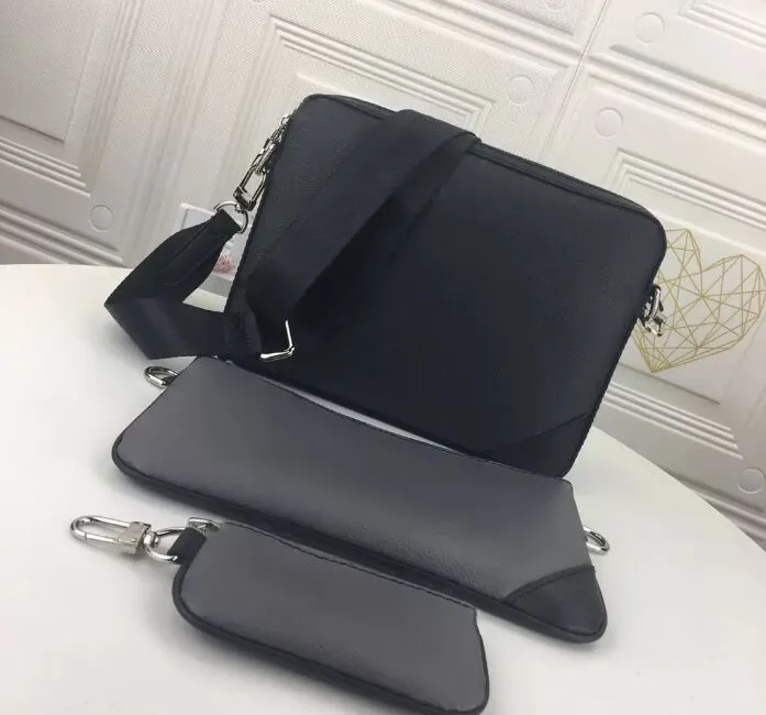 Cowhide Black Emboss Pochette Trio 3pcs Messenger Bag Men Women Shoulder Crossbody Tassen Designer Luxe handtassen Lady portemonnees Vu Wallets