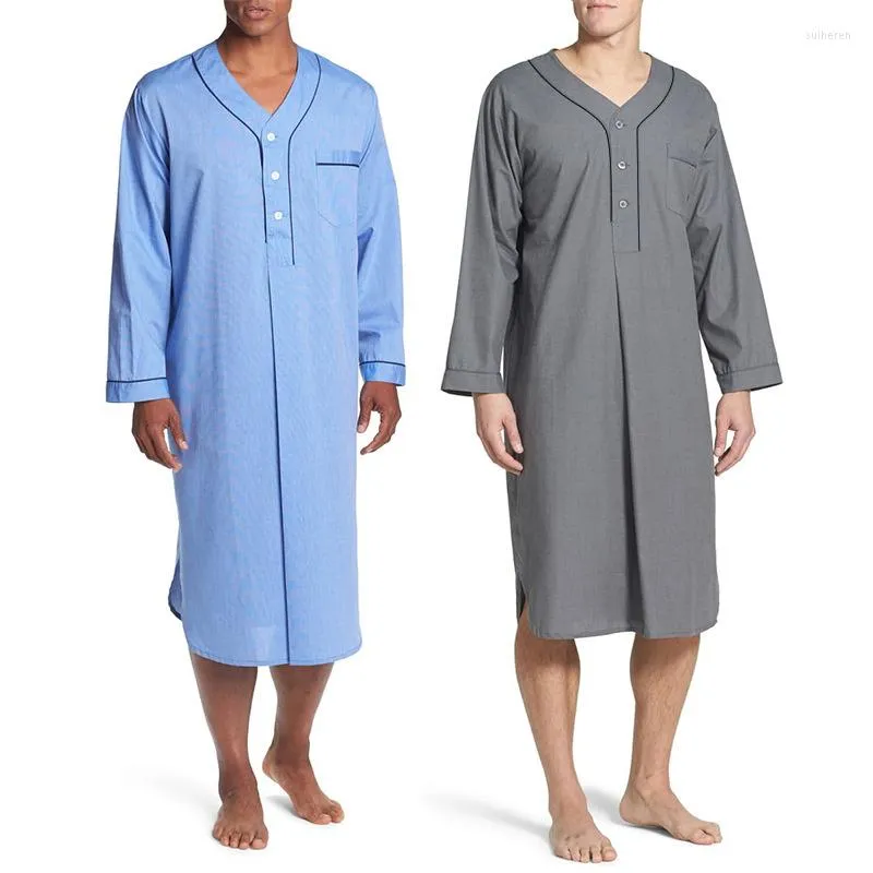 Abbigliamento etnico 2022 musulmano di media lunghezza comodo pigiama in tinta unita abbigliamento per la casa da uomo camicia da notte con colletto alla coreana allentato