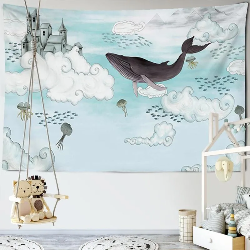 Tapisseries dessin animé baleine océan tapisserie tenture murale bohème Ins vent Kawaii Animation Art dortoir chambre décor à la maison