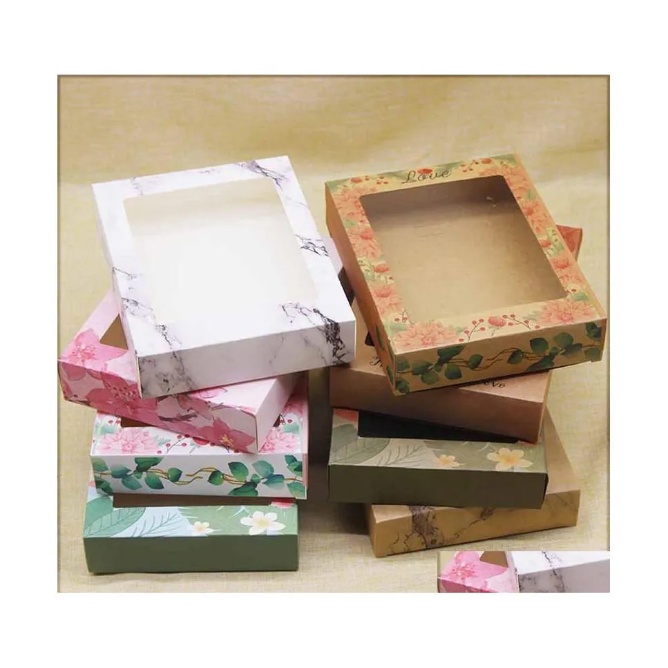 Pudełka opakowania pudełko z oknem DIY Ręcznie robione prezenty marmurkowania kwiatów Kraft Candy Boxes 186 N2 Drop dostawa biuro Schoo Dhyja
