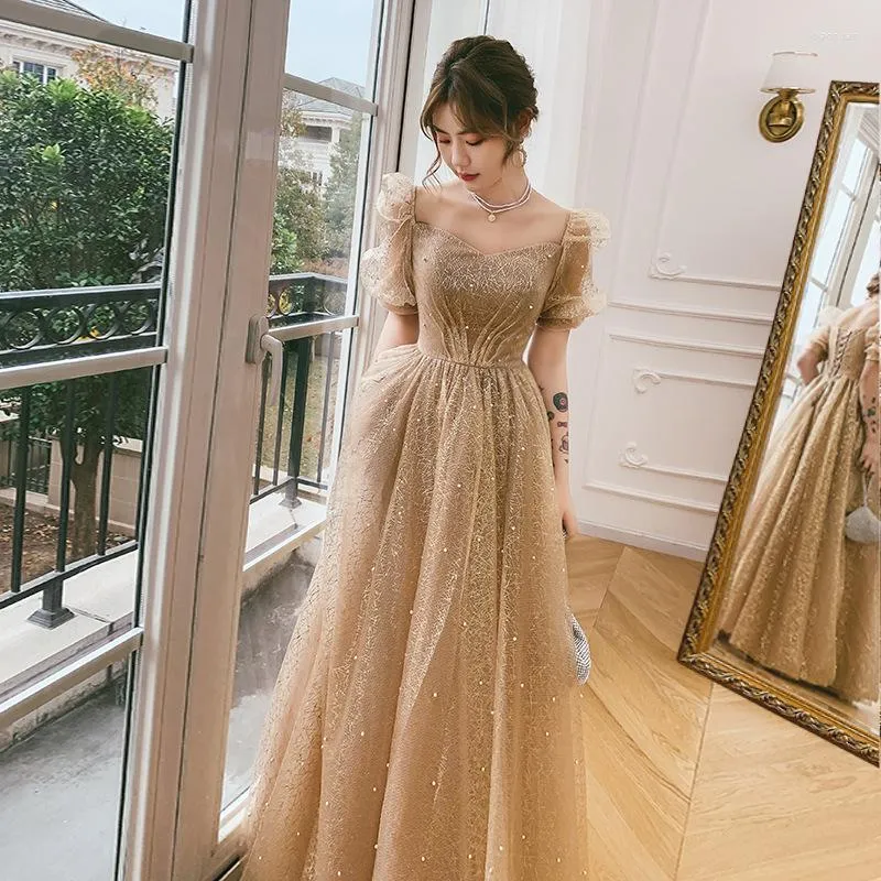 Ethnic Clothing Champagne Beaded Women Celebrity Banquet Dress Mesh Bandage Perspective Puff Sleeve Cheongsam Sexy Sweetheart Retro Maxi