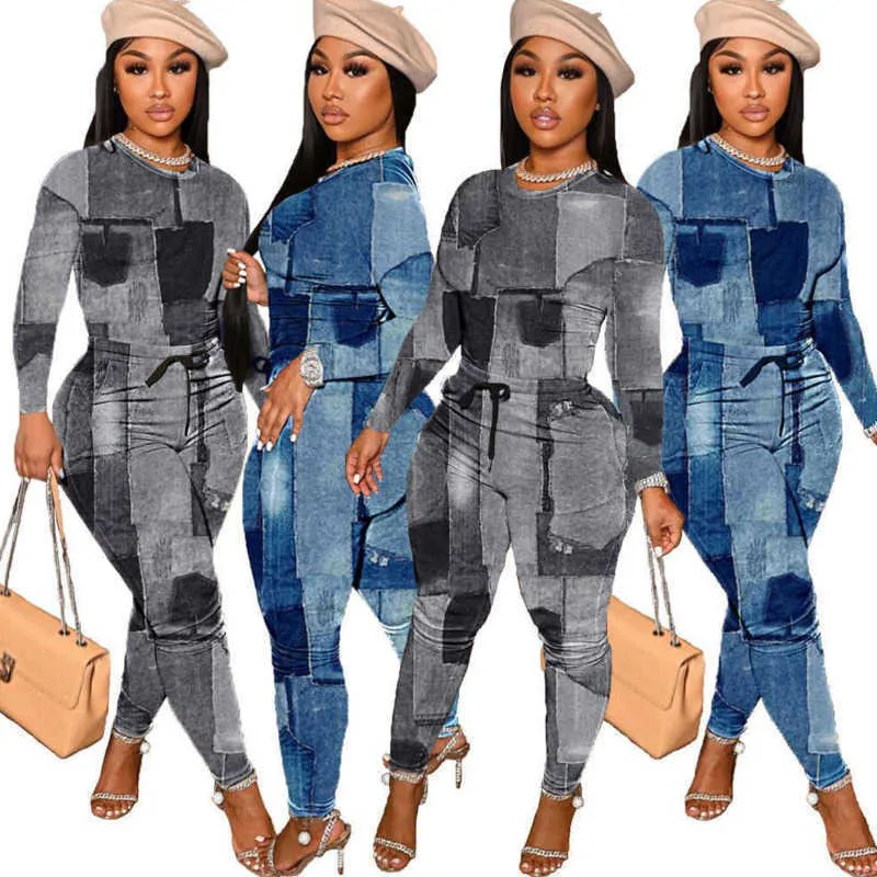 Nachahmung Denim Print Women Clothing Zwei -Stück -Hosen Set Herbst und Winter Freizeitpocket Tracksuits zweiteilige Jogger -Outfits