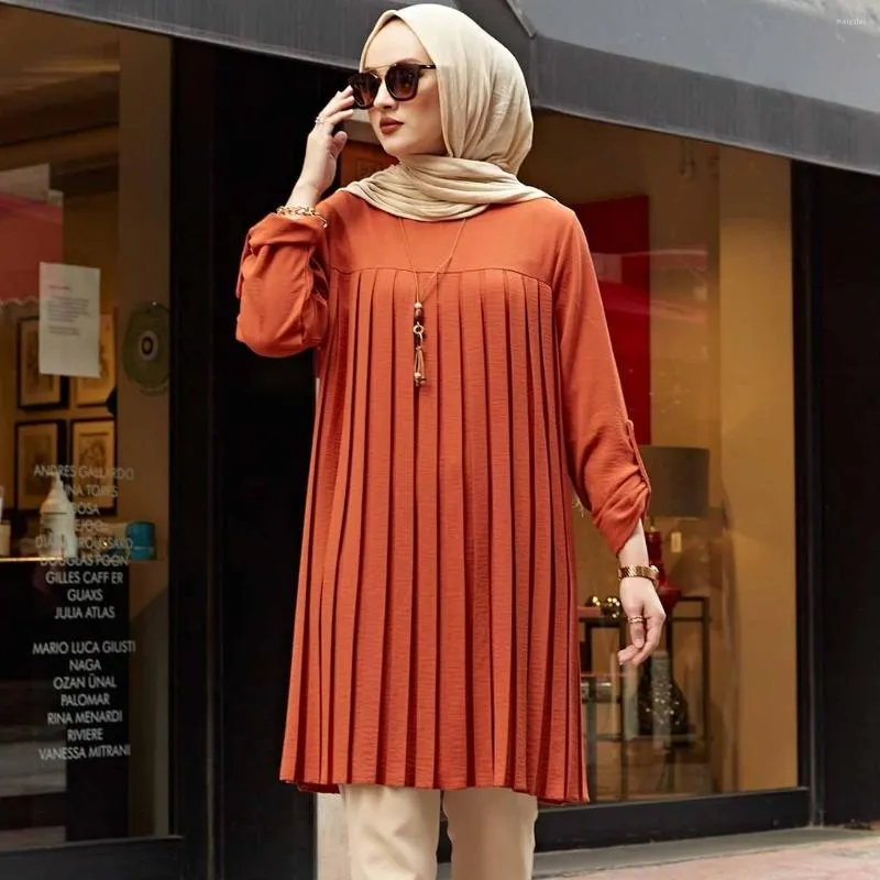 Ethnic Clothing Women Top Islamic Long Sleeve Muslim Tops Pleated Tunic Abaya Dubai Vintage Blouse Plaid Shirt Clothes Ladie