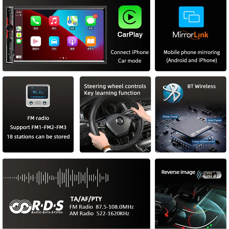 Autoradio Bluetooth 2 Din Carplay mains libres RDS lien miroir stéréo HD MP5 lecteur USB TF 7 "écran tactile Auto Audio Head Unit X1