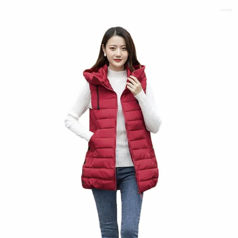 Women's Vests 2022 Autumn And Winter Mid-Length Down Padded Cotton Clothes Women's Casual Waistcoat With Hood Zipper Outwear Y707