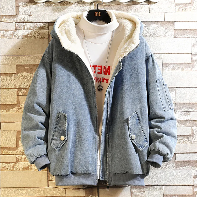 Herrjackor vinter denim bomullspadded kappa fleece tjock mode tryck stor storlek huva varmt droppfartyg 221206