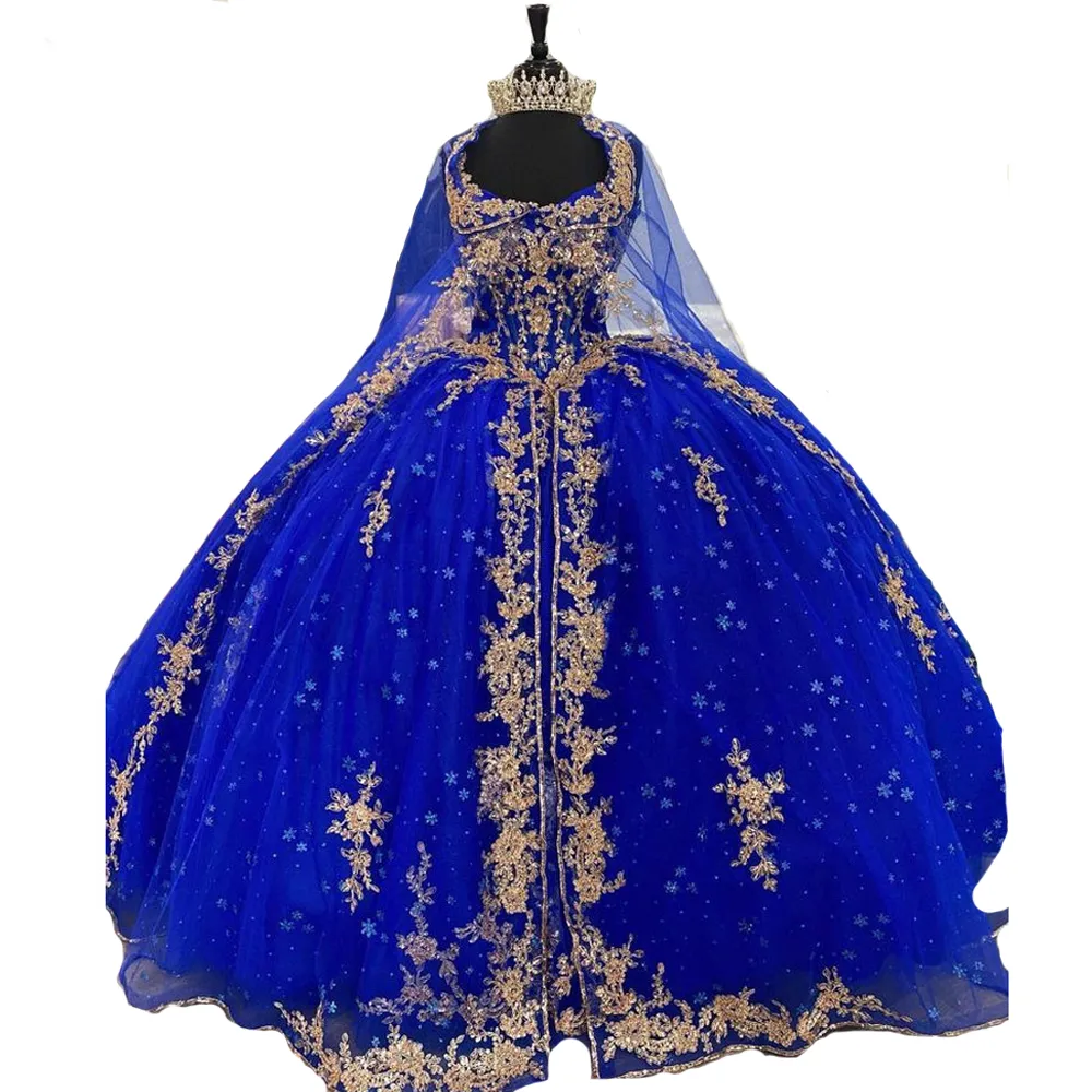 Royal Blue Quinceanera Dresses Gold Appliques Sparking Star Patroon Sweet 15 Girls Prom Jown Ball Jurk met mantel