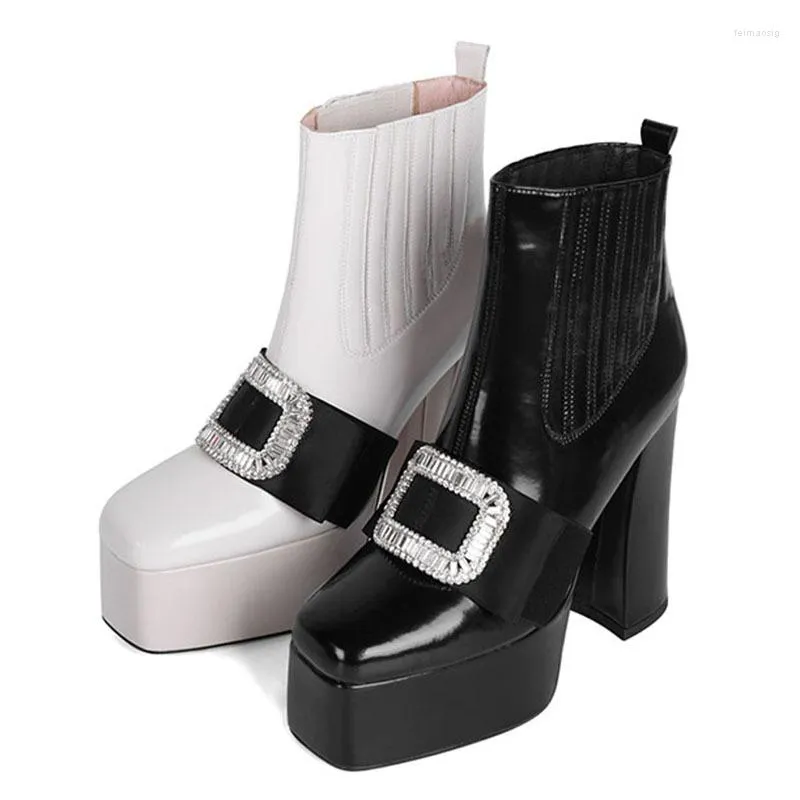 ブーツ2022ファッションスクエアトゥラインストーンバックル太いソールヒールプラットフォームアンクル大サイズの女性靴