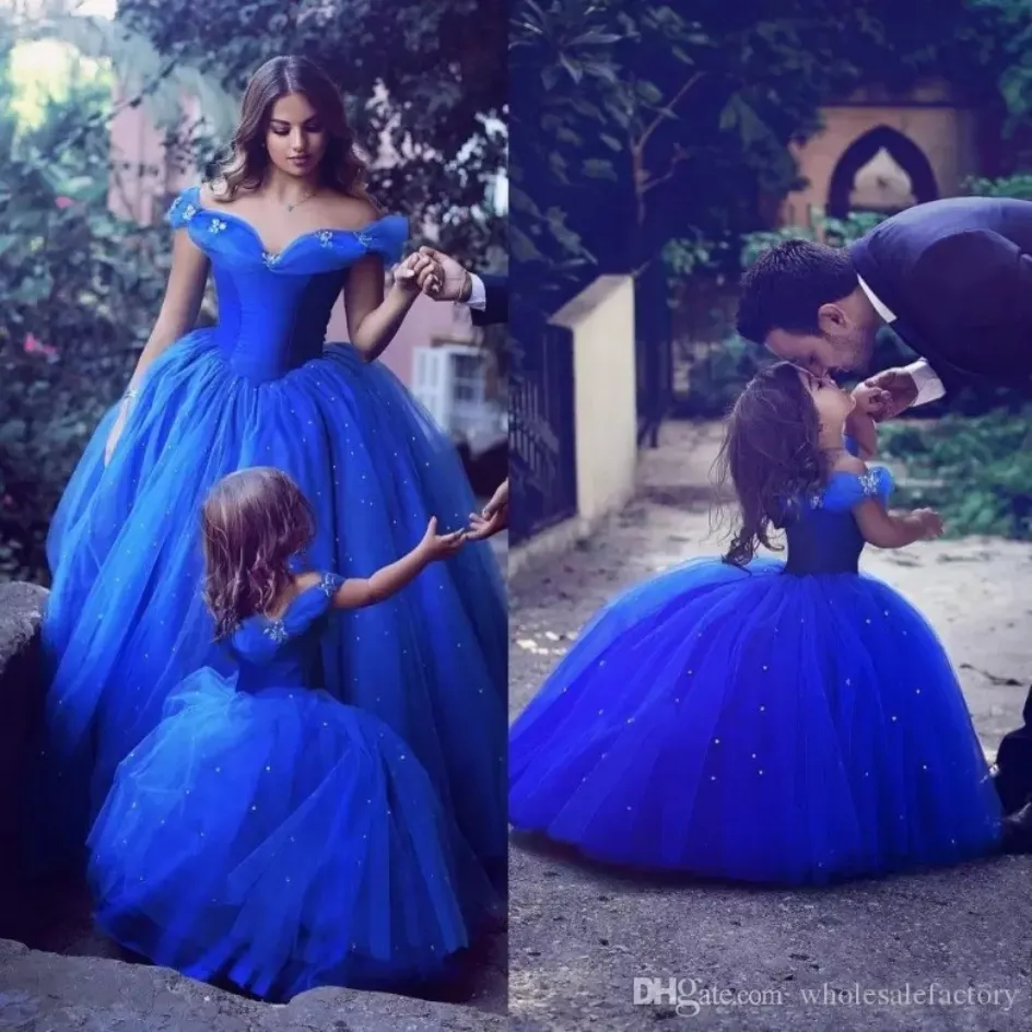 Königsblaue Kleinkind-Blumenmädchenkleider für Hochzeiten, kurze Ärmel, Mädchen-Geburtstagsparty-Kleid, Ballkleid, Festzug-Kleid für kleine Kinder, Mutter-Tochter-Kleid BA3927