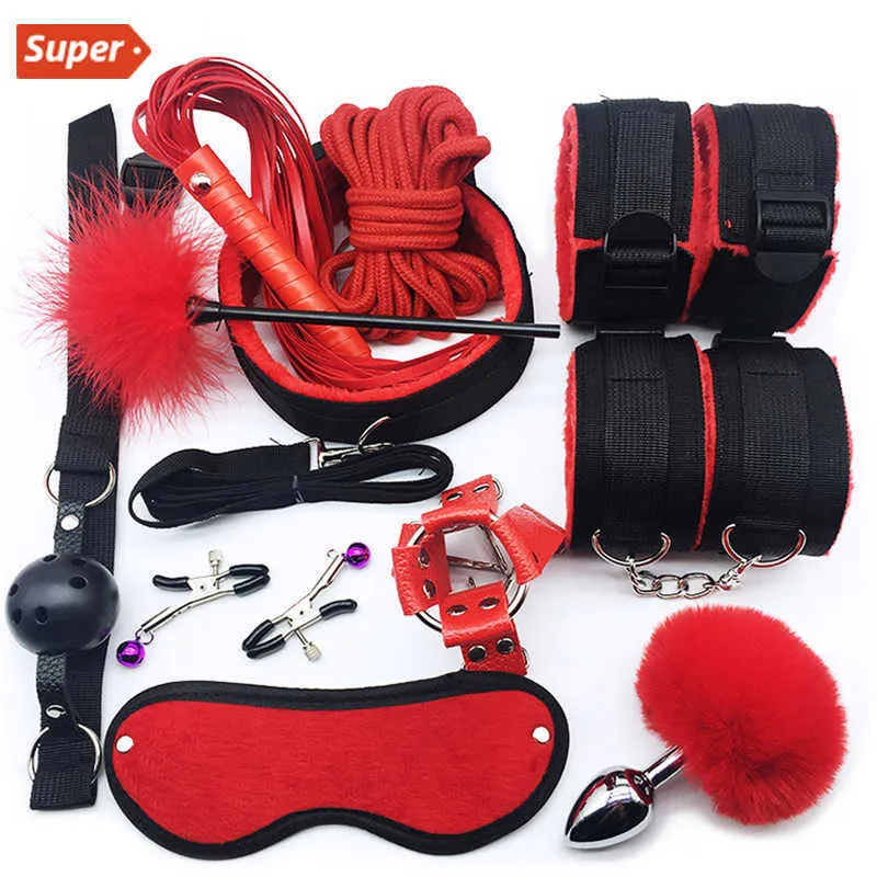 Sex Toy Bondage Set Handcuffs Collar Whip Gag Nipple Clamps Bdsm Rope Erotic Adult Toys For