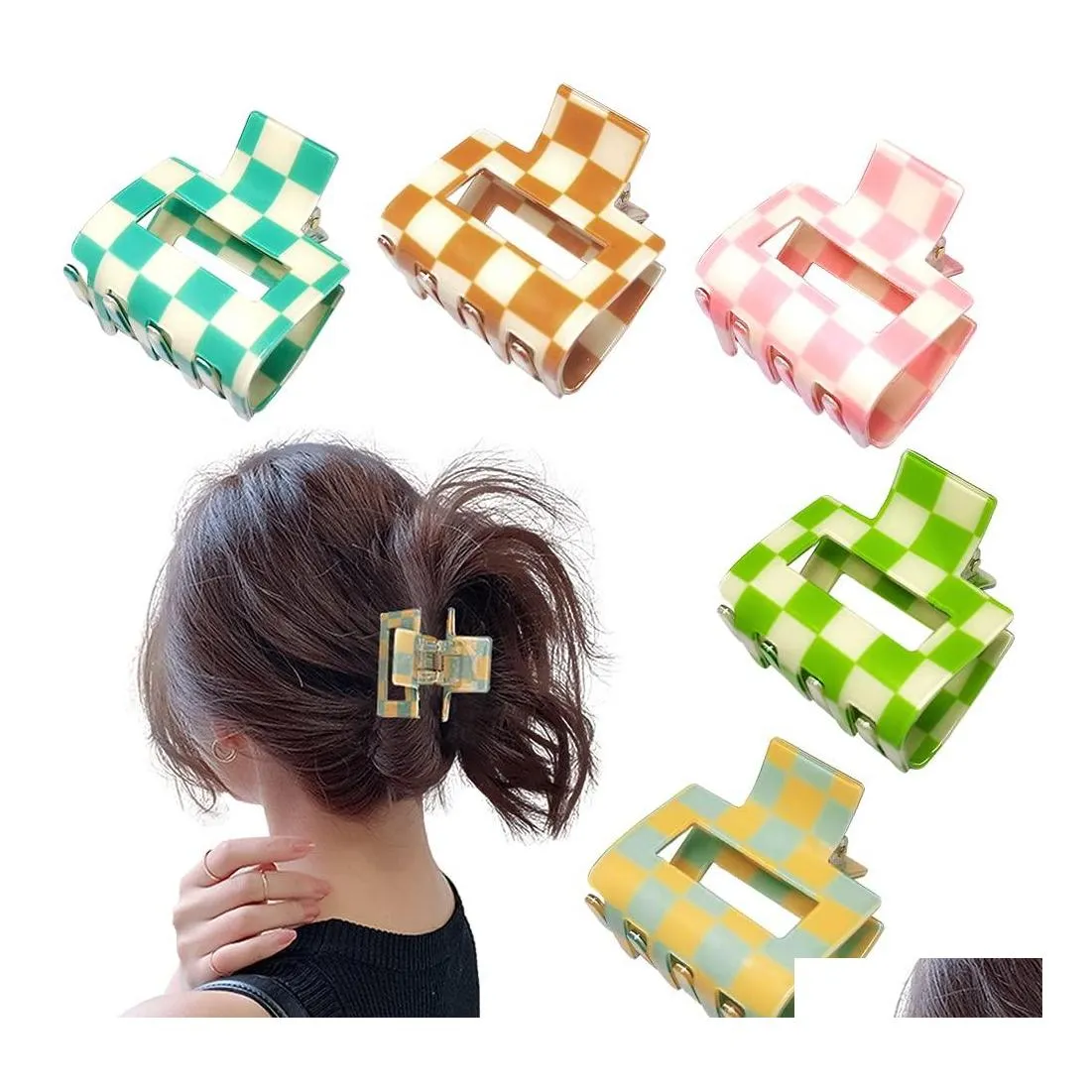 Hair Clips Barrettes Hair Clips Barrettes Checkered Claw Clip Acrylic Square Small For Thin 2 Exquisit Shark Aesthetic Women Ambbp Ot4Jv
