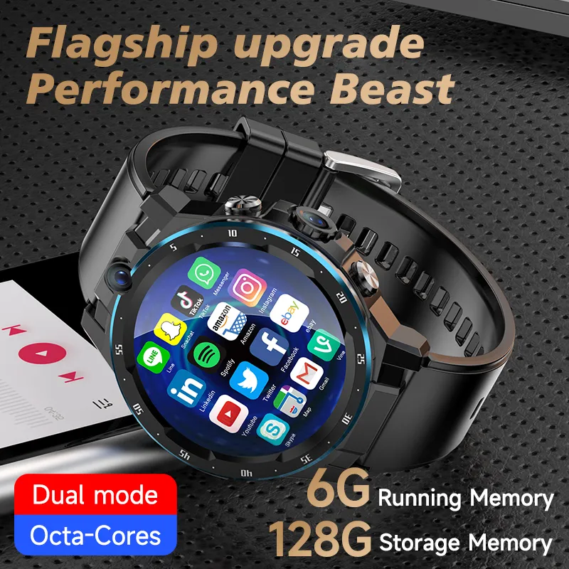 CARD SIM 4G Smart Watch 6G 128G OCTA CORES HD Cámara Android 10 Dual CPU GPS Men Smartwatch para iOS Android