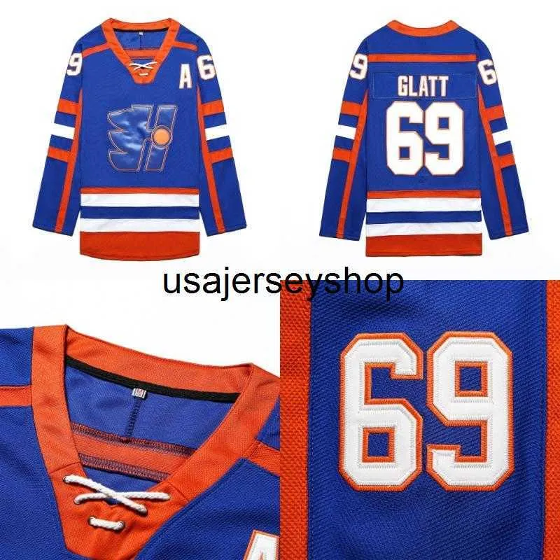 69 Doug The Thug Glatt Jersey Blau Glatt Halifax Highlanders Goon Movie Jersey Herren genäht