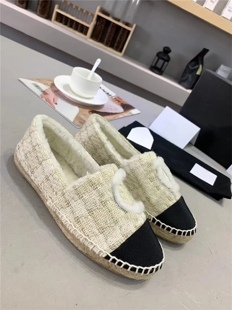 Designer Luxury Tweed Espadrilles Flanell Cream Multicolor Print Cap Toe Flat Flat Dress Shoes