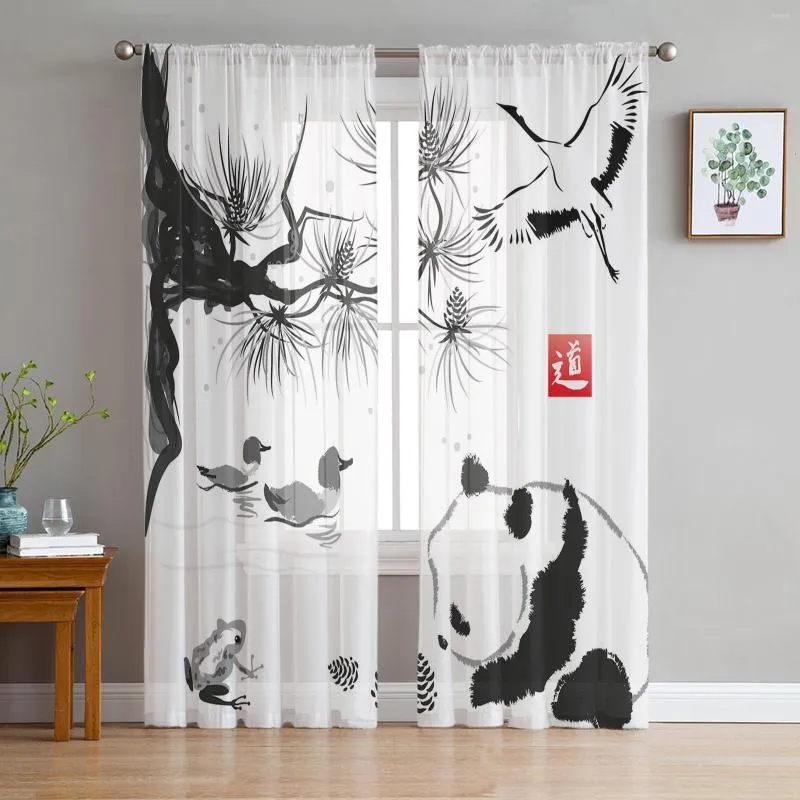 Rideau Animal Panda Branche Encre Peinture Tulle Rideaux Pour Enfants Chambre Salon Fenêtre Traitements Sheer Voile Cuisine Rideaux