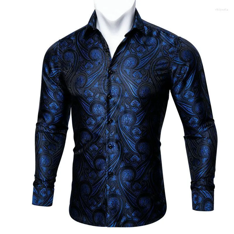 Camisas sociais masculinas Barry.Wang Moda Azul marinho Paisley Seda Camisa Masculina Manga Comprida Casual Flor Para Designer Fit BCY-0051