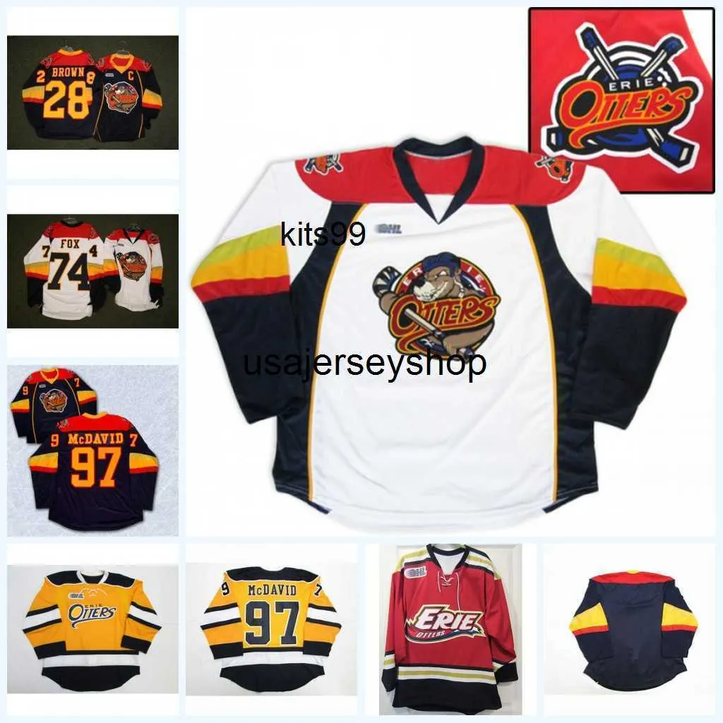 Maglia da hockey Uomo Erie Otters 74 Dane Fox 97 Connor McDavid 28 Marrone 100% Ricamo cusotm qualsiasi nome numero Maglie Navy Bianco Giallo