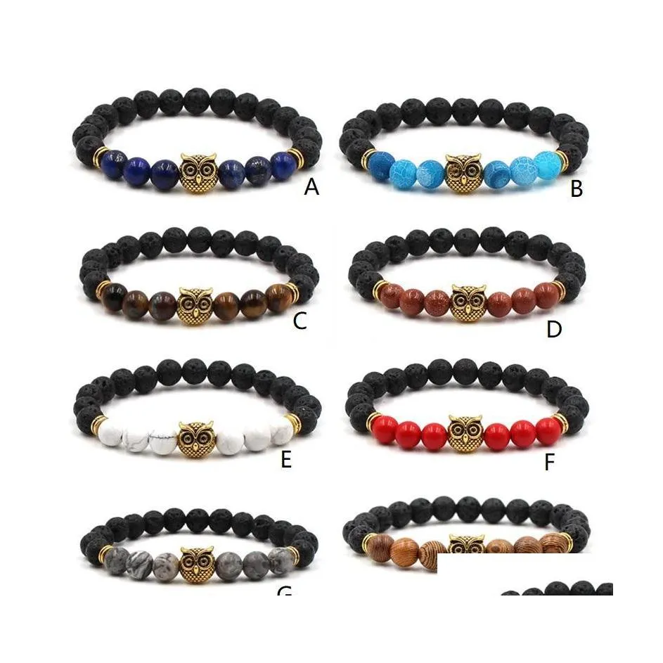 Lotes de ágata de coruja de ouro de miçangas de miçangas lotes de lava preto Lava Pedra Diy Aromaterapia Bracelete de óleo essencial ioga Je Dholt