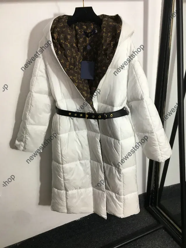 2022 inverno mulheres jaquetas com capuz clássico carta impressão casacos quentes designer de luxo longo estilo outwear casaco feminino casual cinto cintura longa