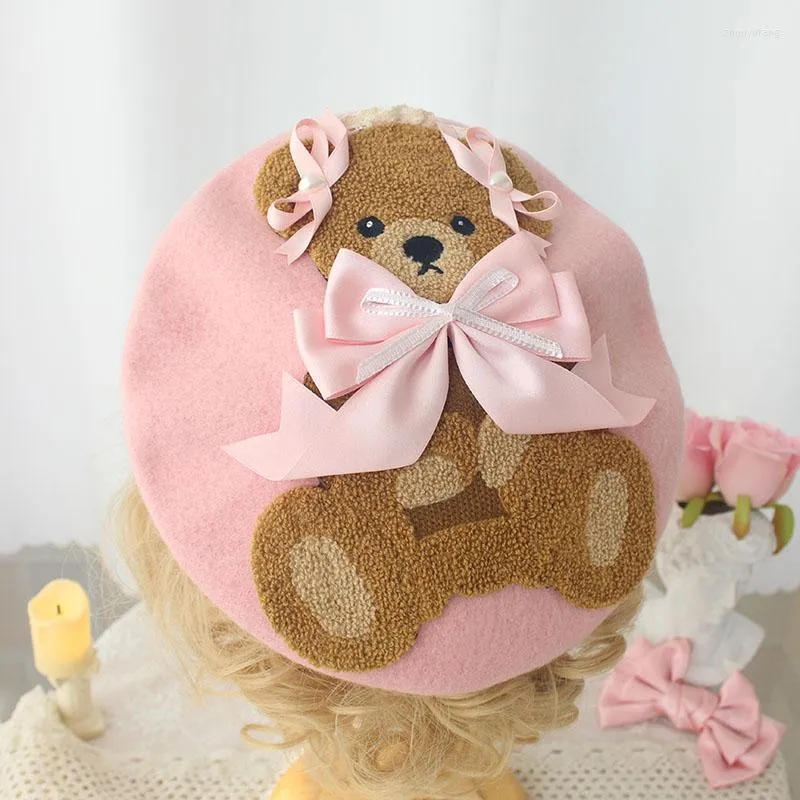 Forniture per feste rosa peluche bowknot sorella morbida sorella dolce biscotti berretto beretto pittore di lana primavera autunno acconciatura lolita accessori per capelli