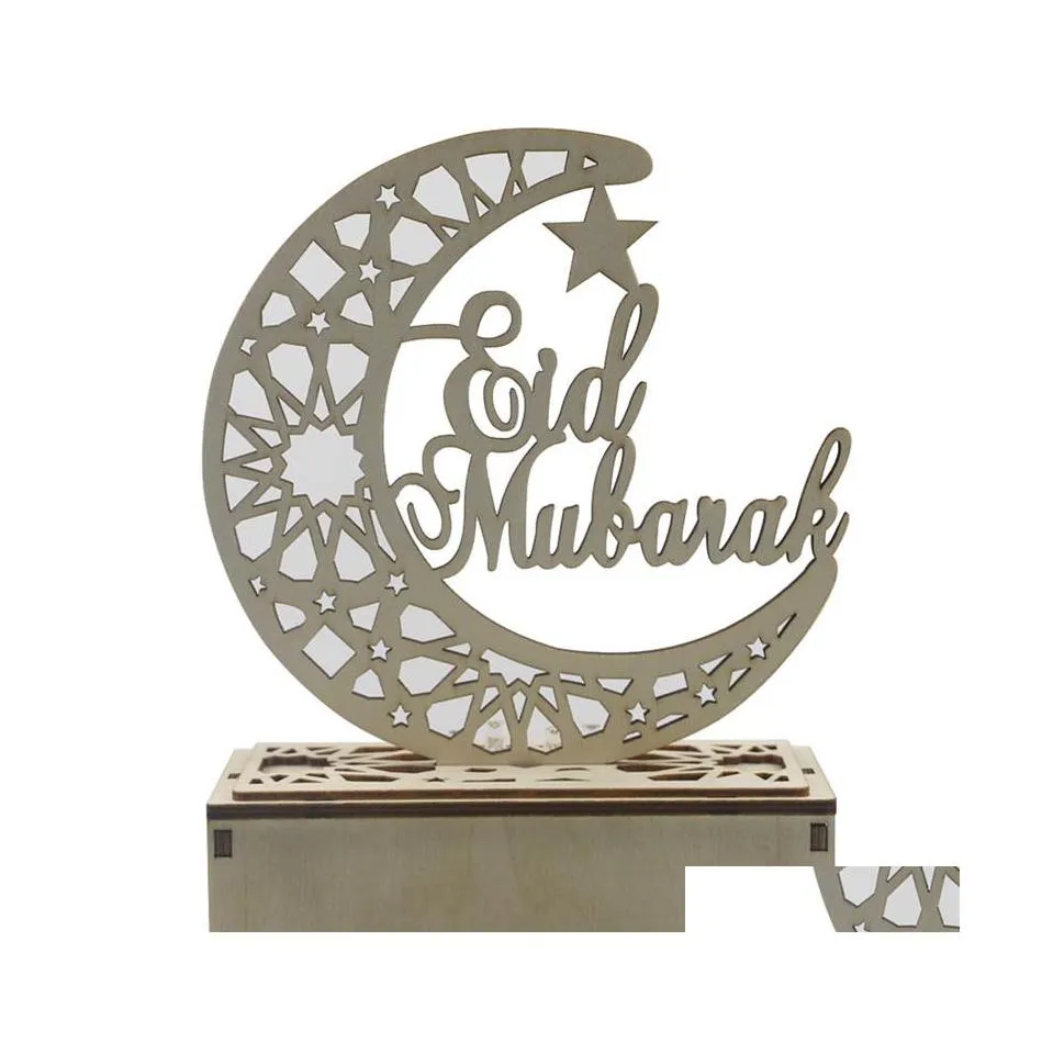 기타 축제 파티 용품 Eid Mubarak Ramadan 나무 장식 중공 문 별 축복 단어 장식 행복한 홈룸 테이블 DHC0Q
