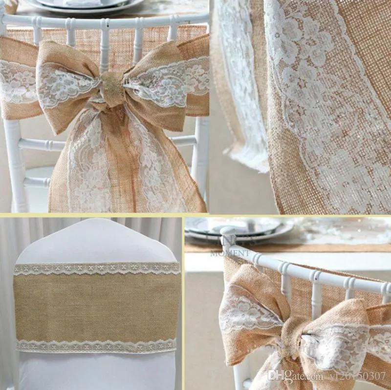 Stol täcker bröllopsdekoration naturligt elegant säckväv spetsstolar rashes jute slips båge för rustik fest evenemang dekoration