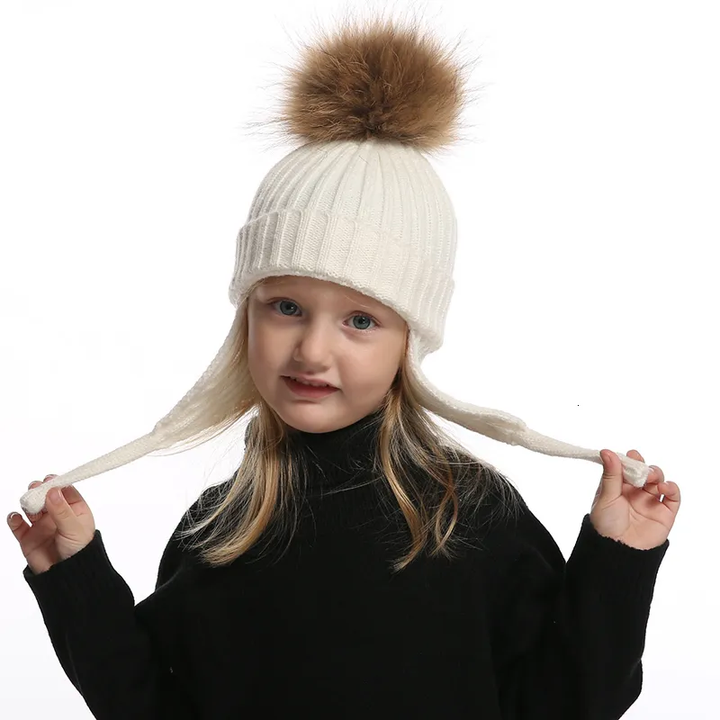Beanie/Skull Caps Kids Earflap Beanie Boy Girl Winter Wool Hat Real Fur Pompom Warm Sticked Baby Children Pompon Beanies Cap 221207